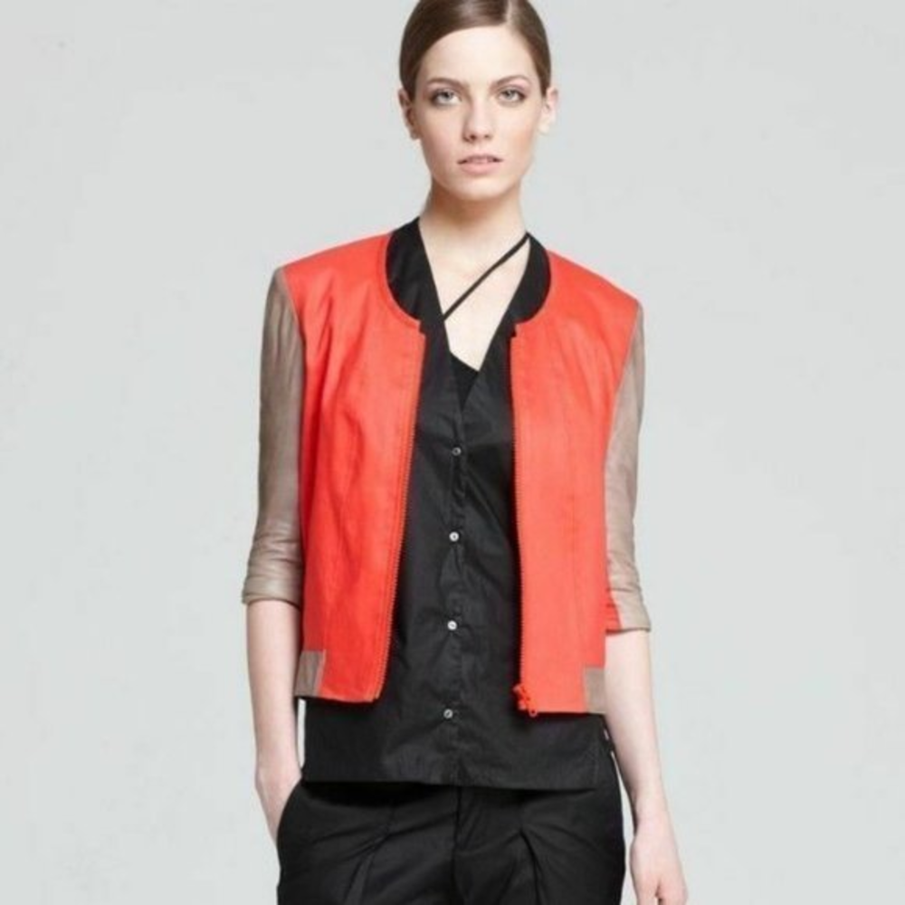 Helmut Lang Lambskin Leather Coated Linen bomber Jacket Blazer Orange‎ Casual P
